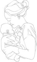 One continuous line drawing of mother holding baby black color only vector