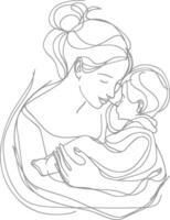 One continuous line drawing of mother holding baby black color only vector