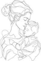 One continuous line drawing of mother holding baby black color only vector