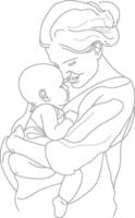 One continuous line drawing of mother holding baby black color only vector