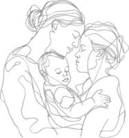 One continuous line drawing of mother holding baby black color only vector