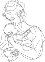 One continuous line drawing of mother holding baby black color only vector