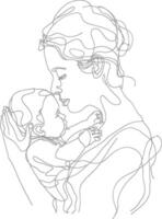 One continuous line drawing of mother holding baby black color only vector