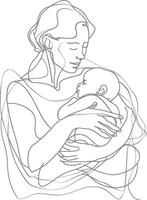 One continuous line drawing of mother holding baby black color only vector