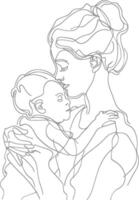 One continuous line drawing of mother holding baby black color only vector