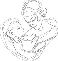 One continuous line drawing of mother holding baby black color only vector