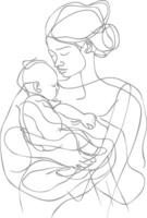 One continuous line drawing of mother holding baby black color only vector