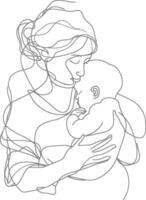 One continuous line drawing of mother holding baby black color only vector