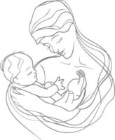 One continuous line drawing of mother holding baby black color only vector