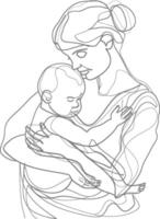 One continuous line drawing of mother holding baby black color only vector