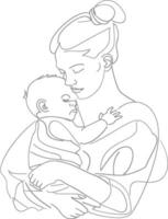 One continuous line drawing of mother holding baby black color only vector