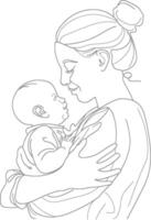 One continuous line drawing of mother holding baby black color only vector