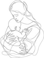 One continuous line drawing of mother holding baby black color only vector