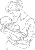 One continuous line drawing of mother holding baby black color only vector