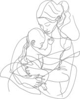 One continuous line drawing of mother holding baby black color only vector