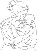 One continuous line drawing of mother holding baby black color only vector