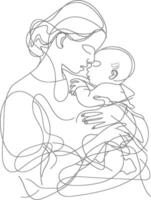 One continuous line drawing of mother holding baby black color only vector