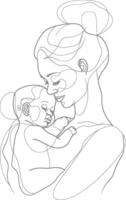 One continuous line drawing of mother holding baby black color only vector