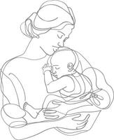 One continuous line drawing of mother holding baby black color only vector