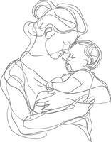 One continuous line drawing of mother holding baby black color only vector