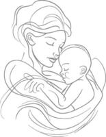 One continuous line drawing of mother holding baby black color only vector