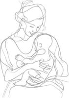 One continuous line drawing of mother holding baby black color only vector