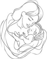 One continuous line drawing of mother holding baby black color only vector