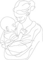 One continuous line drawing of mother holding baby black color only vector