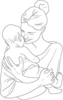 One continuous line drawing of mother holding baby black color only vector