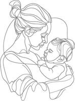 One continuous line drawing of mother holding baby black color only vector