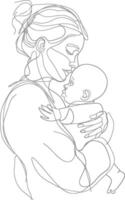 One continuous line drawing of mother holding baby black color only vector