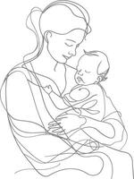 One continuous line drawing of mother holding baby black color only vector