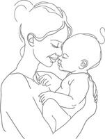 One continuous line drawing of mother holding baby black color only vector