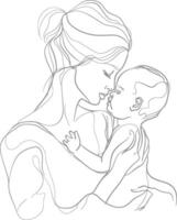 One continuous line drawing of mother holding baby black color only vector