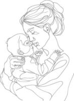 One continuous line drawing of mother holding baby black color only vector