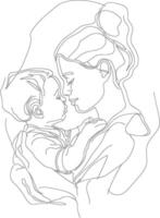 One continuous line drawing of mother holding baby black color only vector