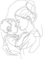 One continuous line drawing of mother holding baby black color only vector