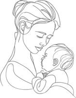 One continuous line drawing of mother holding baby black color only vector