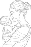 One continuous line drawing of mother holding baby black color only vector