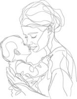 One continuous line drawing of mother holding baby black color only vector