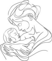 One continuous line drawing of mother holding baby black color only vector