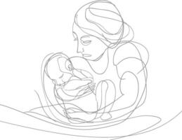 One continuous line drawing of mother holding baby black color only vector