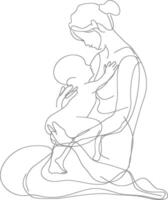One continuous line drawing of mother holding baby black color only vector