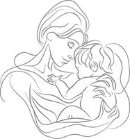 One continuous line drawing of mother holding baby black color only vector