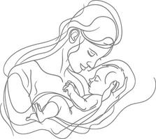 One continuous line drawing of mother holding baby black color only vector