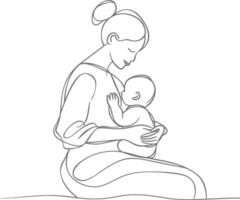 One continuous line drawing of mother holding baby black color only vector