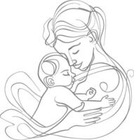 One continuous line drawing of mother holding baby black color only vector