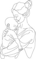 One continuous line drawing of mother holding baby black color only vector