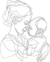 One continuous line drawing of mother holding baby black color only vector