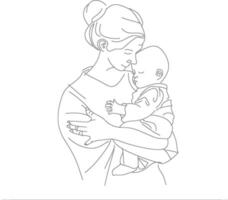 One continuous line drawing of mother holding baby black color only vector